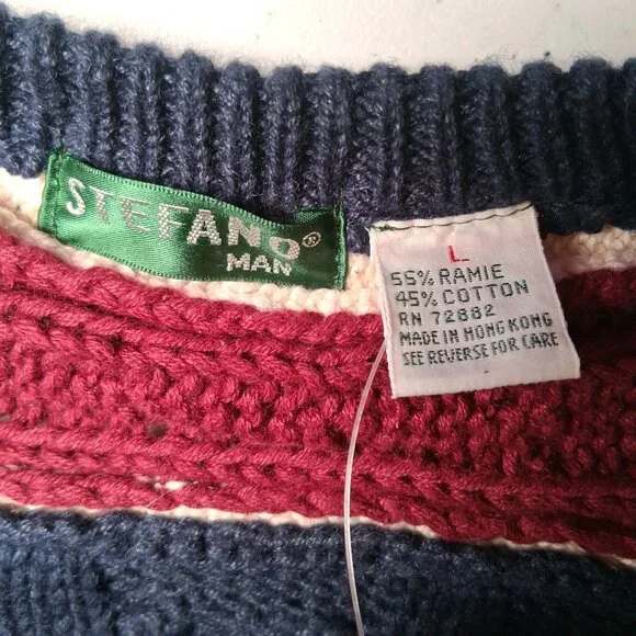 Vintage 90s Stefano Man Sweater L Blue Maroon Cable Knit V Neck Academia Preppy - Picture 13 of 14